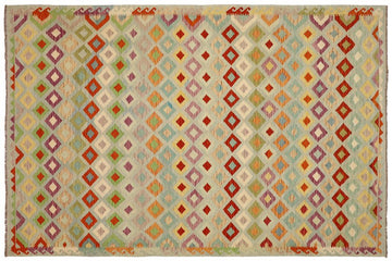 Flat Weave Kilim, Antique, Navaho, Vintage, Handmade, Modern Kilim Blue Rust Hand-Woven Rectangle 100% Wool Area Rug 8 x 11